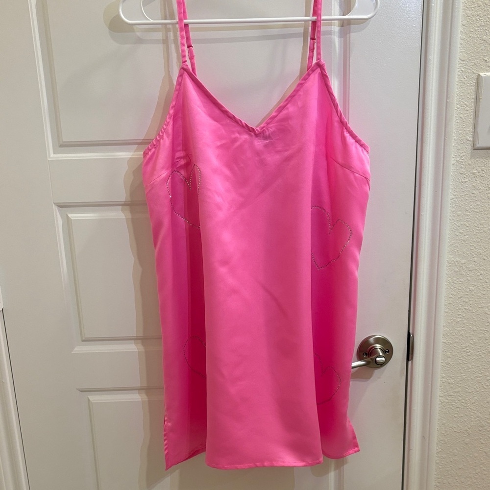 Nasty Gal Pink Satin Heart Rhinestone Cami Top Y2K Barbiecore Size L